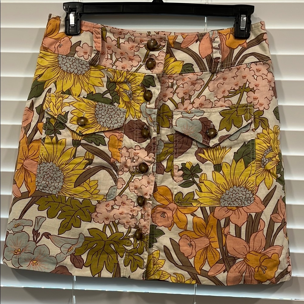 Sezane Sunflower Floral Button-Front Mini Skirt in Yellow, Pink, Green, Blue
